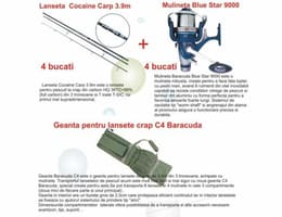 Oferta pachet crap: 4 x lansete Cocaine carp 3.9m, 4 x mulinete Blue Star 9000 si o geanta C4